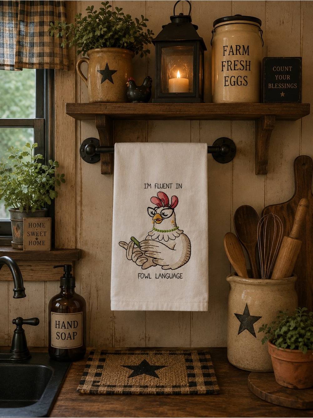 iHome White Kitchen Towel with Embroidered Hen